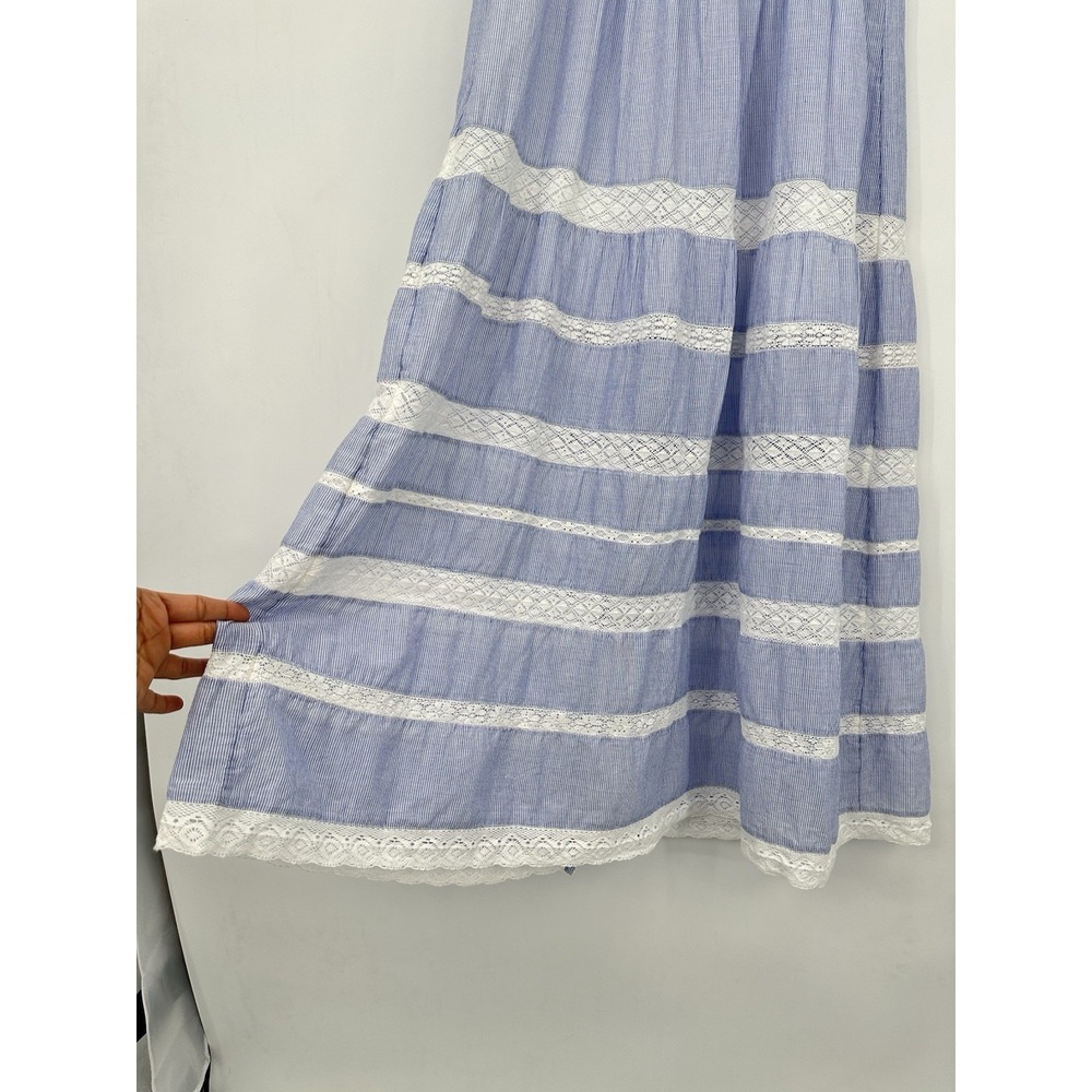 GAP Lace Trim Maxi Dress S Petite Blue Stripe Cotton Button Front Cottagecore - Picture 14 of 16
